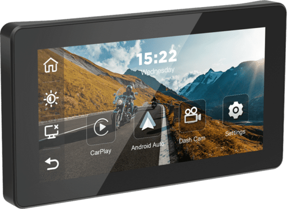 A car dashboard touchscreen display showing a graphical user interface with options for CarPlay, Android Auto, Dash Cam, and Settings. The background wallpaper features a scenic view of motorcyclists on a mountain road.