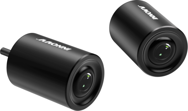 Two cylindrical black webcams with branding on the side, displayed against a green background.