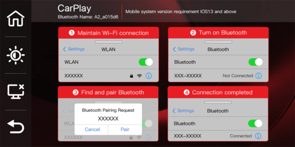 An infographic showing a four-step process for connecting a mobile device to CarPlay via Bluetooth, with illustrations of the device's settings interface for Wi-Fi and Bluetooth configurations.