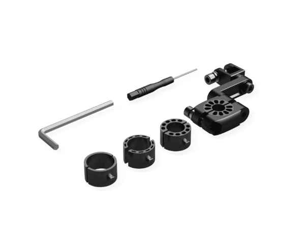 An assortment of disassembled black metal parts including a screwdriver, an Allen key, and components with circular and geometric cutouts, isolate on a white background.